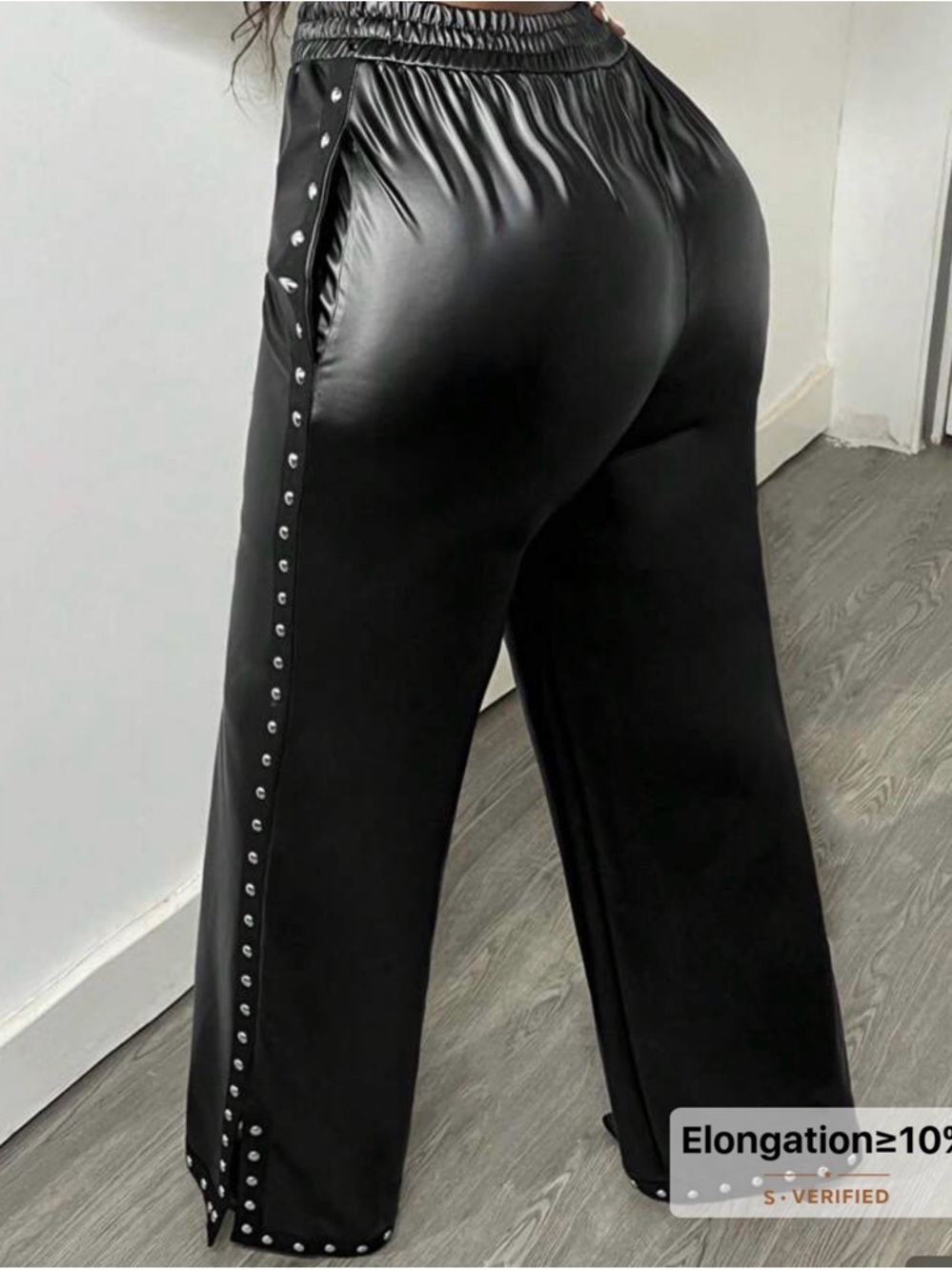 SHEIN Black Faux Leather Wide-Leg Pants with Stud Side Trim